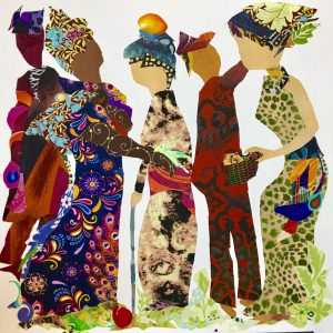 Francelise Dawkins, Extended Hands that Hold to Give, 2018, Textile collage, 12 x 12 inches, Courtesy the Artist