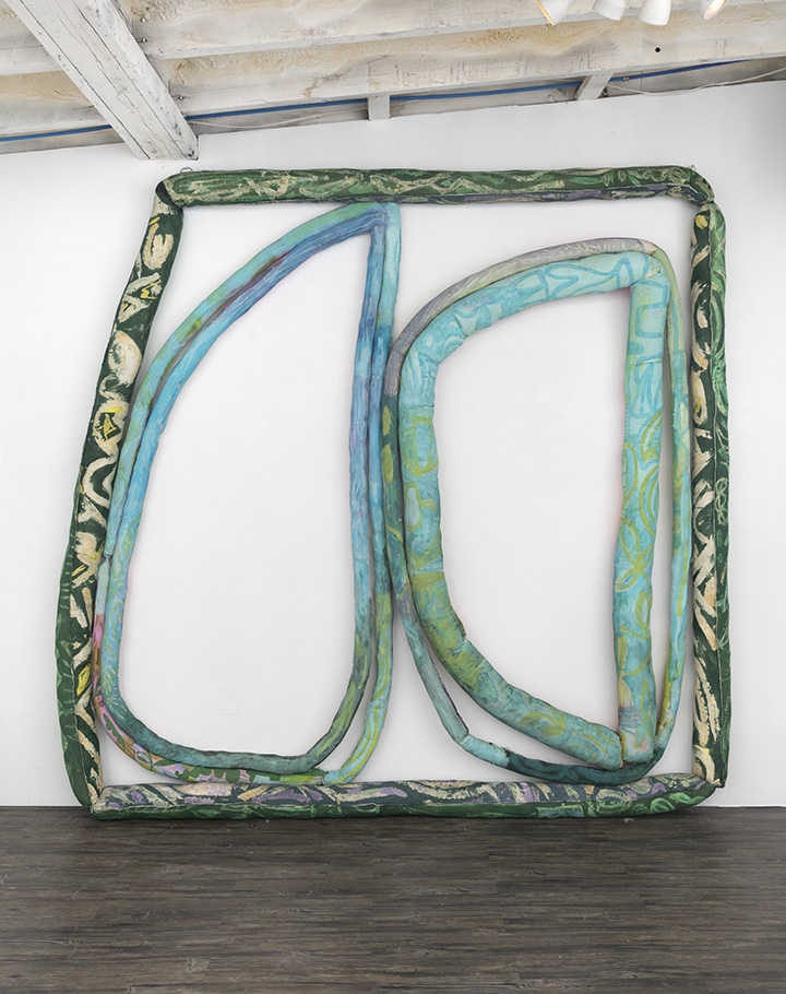 Meg Lipke, Garden Gates II, 2020, acrylic, fabric dye and beeswax on muslin, polyester fill, 103 x 103 x 5”, courtesy of the artist and Broadway Gallery, NYC;