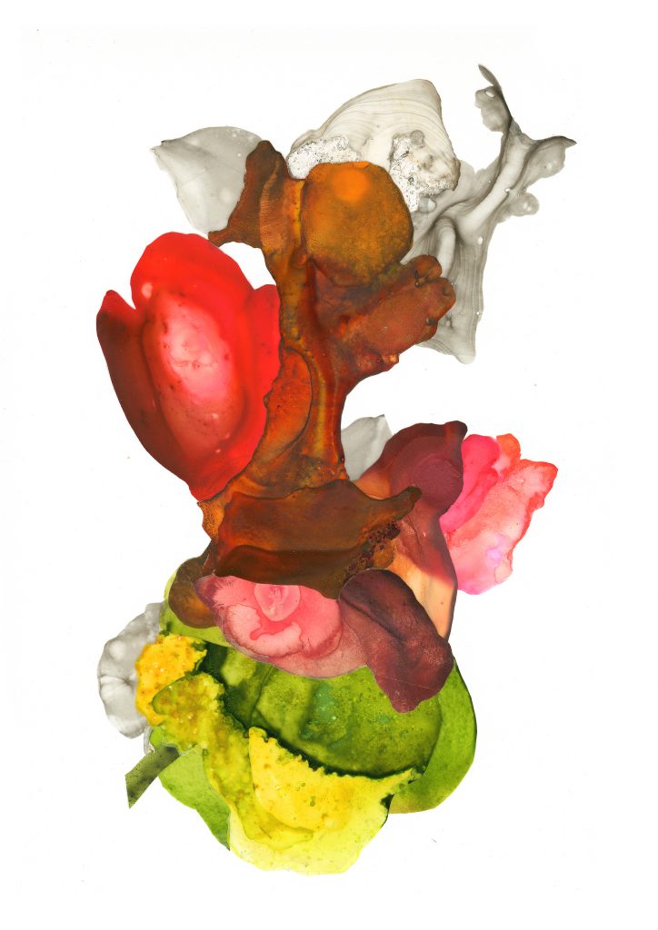 Julie Evans, Twolip, 2012, assembled pieces of cut and painted mylar, ink, tape on paper, 15 x 12”, courtesy of the artist;