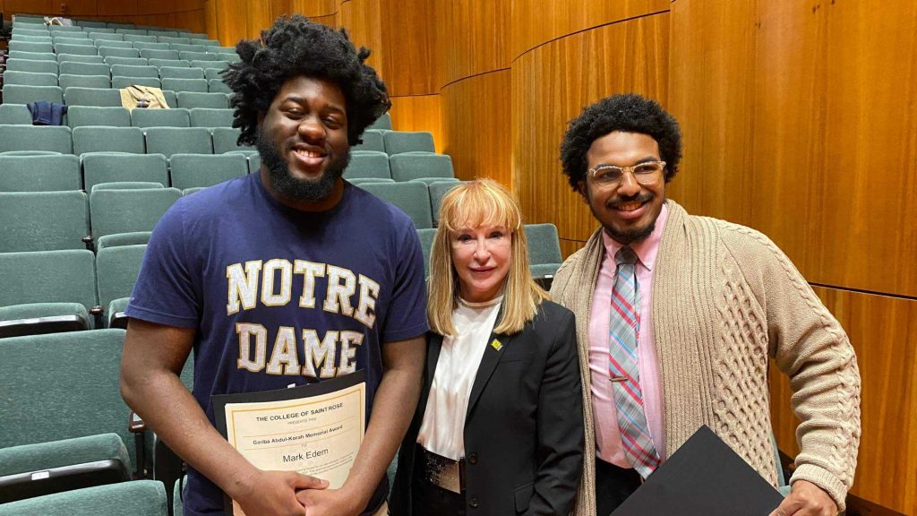 Mark Edem, Saint Rose President Marcia White, and Courtland Daverne