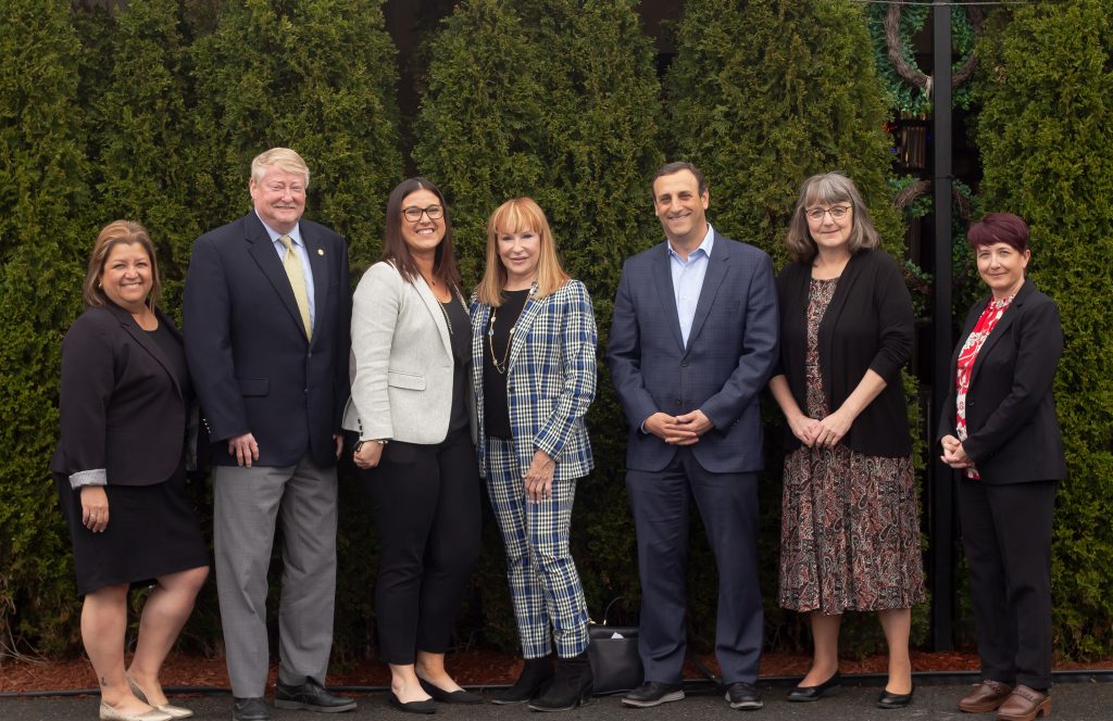 Barnes & Noble College (BNC) and Saint Rose leadership met recently to mark its new partnership. From left to right are: Cathy Pacheco, BNC regional manager; Chris Peterson, BNC senior vice president of stores; Jess Abbott, BNC director of strategic partnerships; Marcia White, Saint Rose president; Jonathan Shar, BNC president; Debra Lee Polley, vice president for finance and administration at Saint Rose; and Christina Barber, assistant vice president for financial planning at Saint Rose.