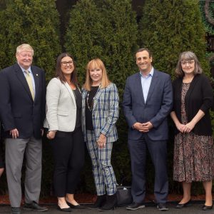 Barnes & Noble College (BNC) and Saint Rose leadership met recently to mark its new partnership. From left to right are: Cathy Pacheco, BNC regional manager; Chris Peterson, BNC senior vice president of stores; Jess Abbott, BNC director of strategic partnerships; Marcia White, Saint Rose president; Jonathan Shar, BNC president; Debra Lee Polley, vice president for finance and administration at Saint Rose; and Christina Barber, assistant vice president for financial planning at Saint Rose.